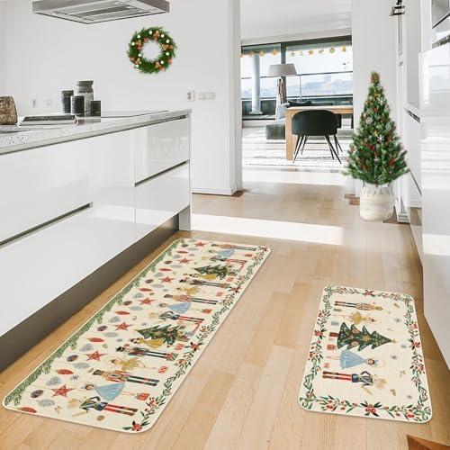 JarThenaAMCS Christmas Nutcracker Kitchen Mat Set of 2 Watercolor Nutcracker Kitchen Floor Mats Xmas Cartoon Non-Slip Door Rugs for Party Home Entrance, 17 x 29 Inch & 17 x 47 Inch