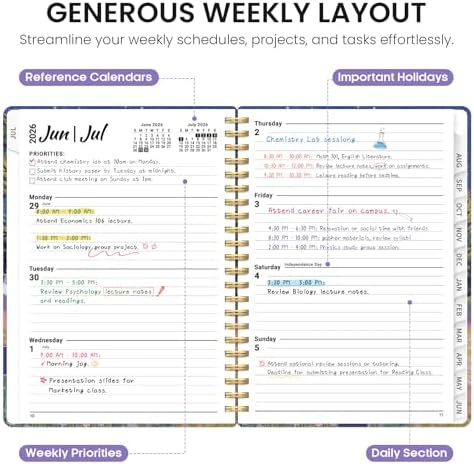 Planner 2026-2027, Jul 2026-Jun 2027 Academic Monthly & Weekly Planner | 6.3" x 8.5" Hardcover Calendar Planner for Women, Spiral Organizer with tabs, School Office Home Supplies, Blossom Dusk