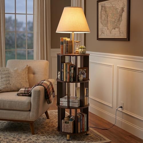 Tribesigns Floor Lamp with 3-Tier Open Bookshelf, 62.2" Tall Standing Lamp with Wood Storage Shelf, Dark Brown Floor Lamp with Linen Shade & Foot Switch for Living Room, Bedroom, Home Office