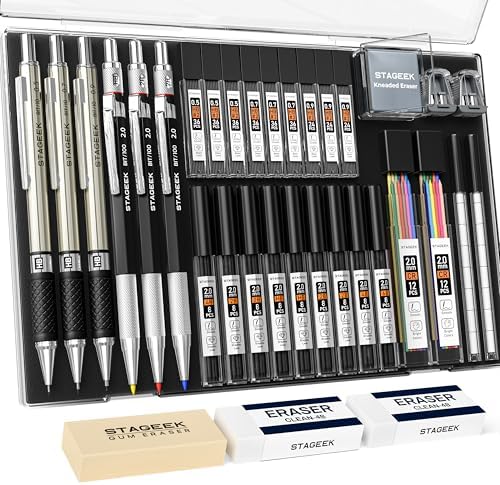 STAGEEK 34PCS Mechanical Pencil Set with Case, 0.5, 0.7, 0.9 ＆ 3PCS 2mm | Drawing Pencils with 384PCS Lead Refills (6B 4B 2B HB 2H 4H Color), Erasers, Sharpeners, Artist Pencil for Sketching Drafting