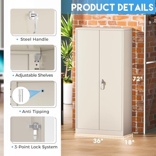 Greenvelly Garage Storage Cabinet,72" Metal Cabinet with 2 Doors and 4 Shelves,Steel File Cabinet for Home Office, Garage, Classroom（Grey 36" X 18"）