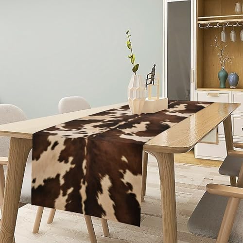 Cow Print Table Runner, Brown Cowhide Western Style Runner Country Farmhouse Cottage Patten Decoration for Home Kitchen Dining,13x120 Inch