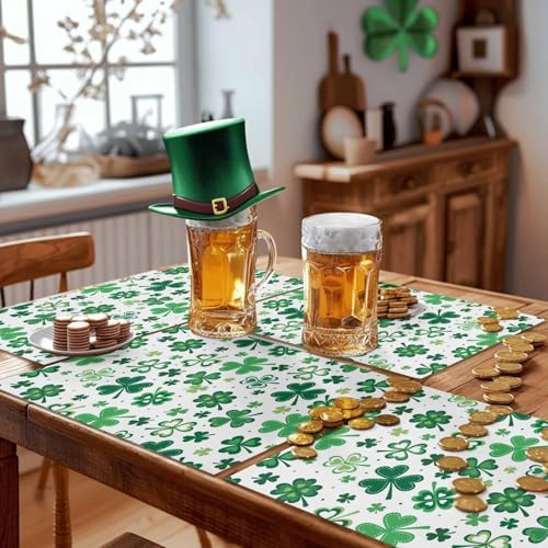 Vandarllin St Patrick's Day Green Shamrocks Clover Placemats Set of 4, Cotton Linen Heat Resistant Table Mats Washable Spring Holidays Decorations for Kitchen Dining Table