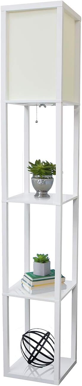 Simple Designs LF1014-WHT-LB Three Shelf Etagere Organizer Storage Floor Lamp with White Linen Shade for Living Room, Bedroom, Office, Hallway, White, with Feit LED Bulb Included