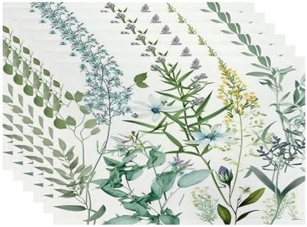 Batmerry Summer Green Sage Linen Placemats Set of 6, Vintage Plant Leaves Elegant Blue Wild Flowers Washable Table Mats for Kitchen Table Thickened Heat Insulation Dining Set Indoor Outdoor 12X18 in