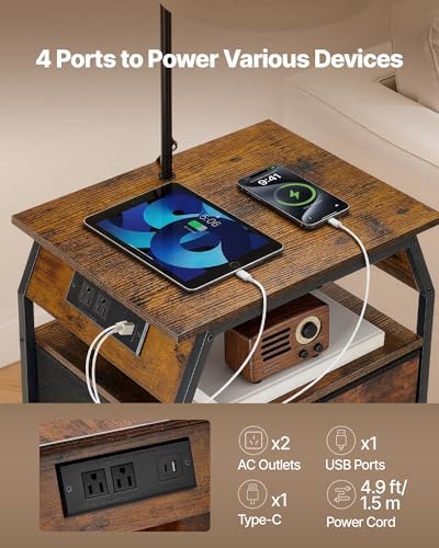 VEVOR Floor Lamp with Table, End Table with 3 Drawers and 3 Color Temperature Lighting, Modern Side Table Bedside Nightstand with USB & Type C & AC Charging Port for Living Room, Bedroom, Dorm