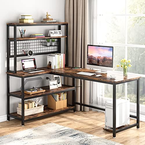 LITTLE TREE L-Shaped Computer Desk 55 Inch Reversible Office Desk Study Writing Table with Wireless Charging and Bookshelf for Home Office, Brown