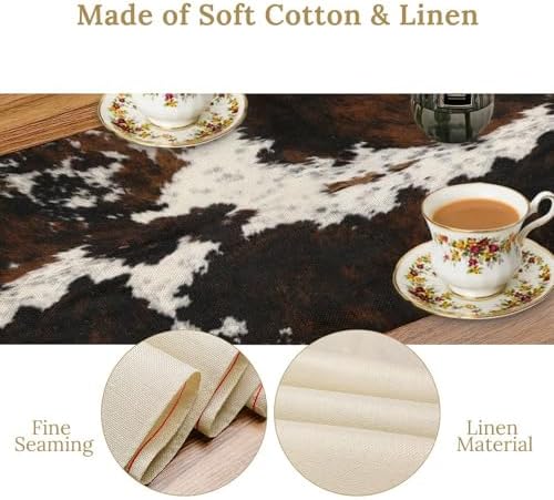 Vintage Cow Print Table Runner, Rustic Cottage Country Farm Animal Fur Skin Pattern Western Style Black Brown Cowhide Print Dinner Runner for Home Kitchen Dining Table Decoration 13x108 Inch