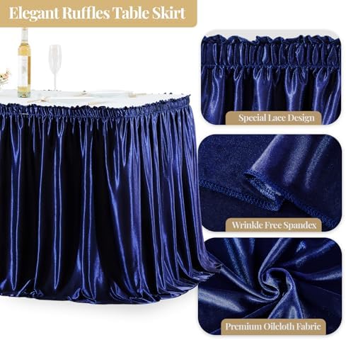 Wish Care 17ft Navy Blue Satin Long Table Skirt for Rectangle Tables Wrinkle Free Teacher Desk Skirt Glitter Ruffle Table Skirting Cloth for Back to School Classroom Office Birthday Party Table Decor