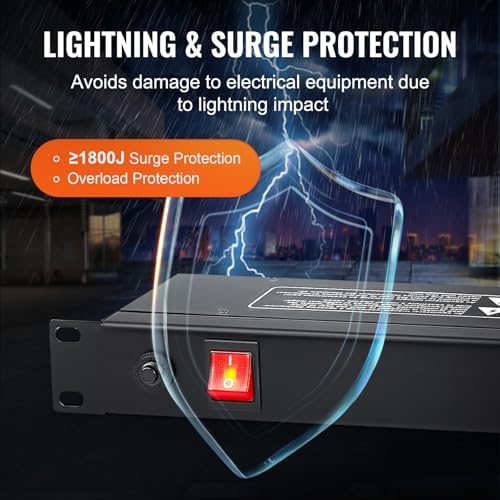 VEVOR 8 Outlet Horizontal 1U Rack Mount PDU Power Strip for Network Server Racks, Surge Protection & Overload Protection, 110-125V/15A, with 6ft 14AWG Power Cord