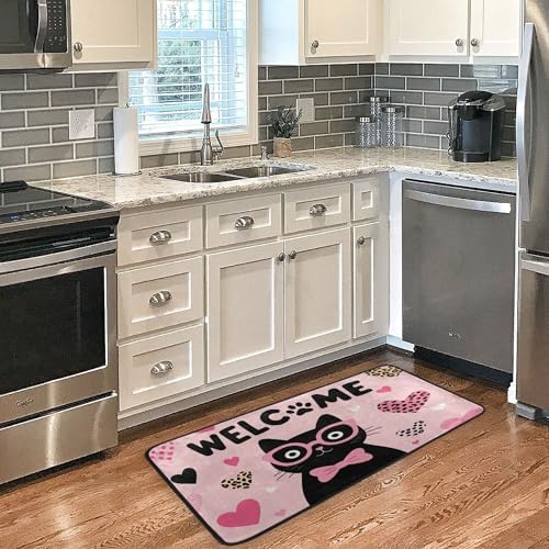 Aslsiy Black Cat with Bow Heart Pink (1) Kitchen Rug Kitchen Mats Valentines Floor Comfort Welcome Washable Non Slip Area Rug for Home Decor 39" X 20"