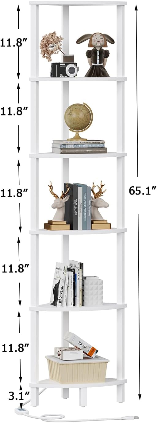 VIMBER Corners Shelf with LED Light, 6-Tier Corner Bookshelf, Industrial Corner-Ladder Shelf, Modern Display Shelf for Living Room, Bedroom, Kitchen, Home Office, Sturdy Frame, White UJSJ002W
