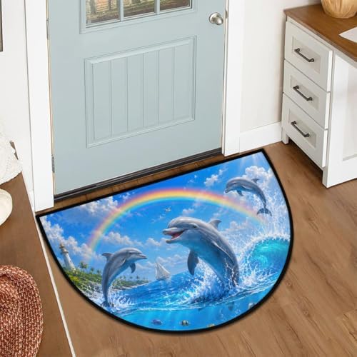 Cute Ocean Dolphins Summer Half Round Door Mat, Non-Slip Welcome Indoor Entrance Way Rug Semi Circle Front Doormats Washable Bathroom Kitchen Floor Mat, Outdoor Rugs for Garage, Patio, Hearth Rug,B-1