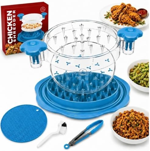 Large Chicken Shredder Tool with Suction Base 2026 – Twist Meat Shredder with Ergonomic Handle & Anti-Slip Grip – Transparent Lid for Easy Shredding Chicken & Beef (Blue)