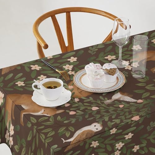 Woodland Animals Tablecloth, Rustic Forest Fox Owl Bird Green Plants Leaves Print Table Cover for Farmhouse Kitchen Dinning Indoor Outdoor Party Decor 55x75in