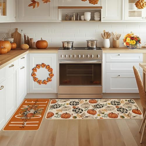 Baccessor Fall Pumpkin Basket Kitchen Rugs Set of 2,Thanksgiving Autumn Home Sweet Home Farmhouse Mat Washable Non Slip Low-Profile Indoor Floor Holiday Hallway Laundry Sink Decor 17x29 and 17x47 Inch