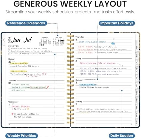 Planner 2026-2027, Monthly & Weekly Jul 2026-Jun 2027 Calendar Book | 6.3" x 8.5", Hardcover Spiral Planner with Tabs, School & Daily Pretty Agenda for Women, Students, Teachers, Spring Branches
