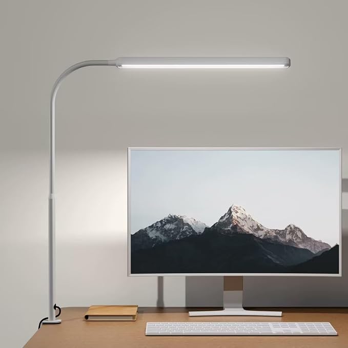 SUPERDANNY Eye-Caring LED Desk Lamp Work Lamp Office Lamp with Side Clamp | White, Touch Control, 360° Flexible Gooseneck, 3 Modes Smooth Dimming, Memory Function, Adapter, Metal, for Home Office Dorm