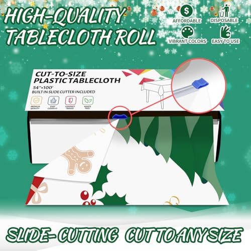 CXPSINC 54 Inch X 100 Feet Plastic Table Cover Roll Disposable Tablecloth with Slide Cutter for All Type/Shape Tables | Party, Banquet, Birthdays, Weddings(Christmas Tree, 100 Feet)