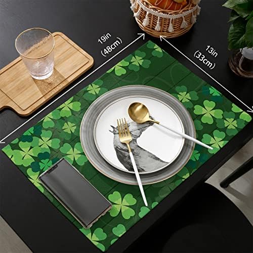 St. Patrick's Day Lucky Clovers Placemats Set of 6, Rustic Vintage Farm Wood Cotton Linen Heat Resistant Table Mats Washable Spring Holidays Decorations for Kitchen Dining Table Green Spring Holiday