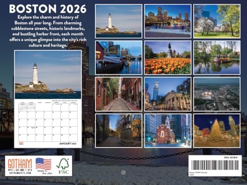 Boston Calendar 2026 Wall 12 Month Monthly MA Scenic Souvenirs Bostonian Themed Gifts | American Made In The USA
