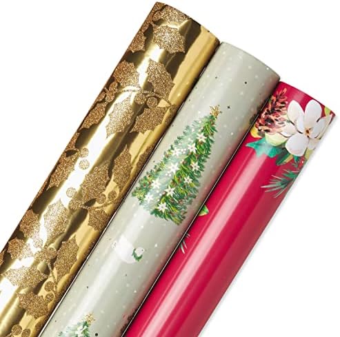 Papyrus Christmas Wrapping Paper Bundle, Gold Holly, Christmas Trees, White Floral (3 Rolls 70 sq. ft)