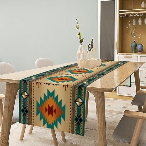Aztec Southwest Table Runner, Ethnic Style Design Geometric Triditional Kitchen Table Runners Table Setting Decor for Garden Farmhouse Wedding Party Holiday Dinner Home, 13x120 Inch