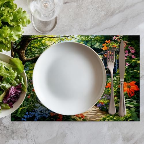 Batmerry Beautiful Garden Lush Plants Linen Placemats Set of 6, Serene Garden Scene Washable Table Mats for Kitchen Table Thickened Heat Insulation Dining Set Indoor Outdoor 12X18 in