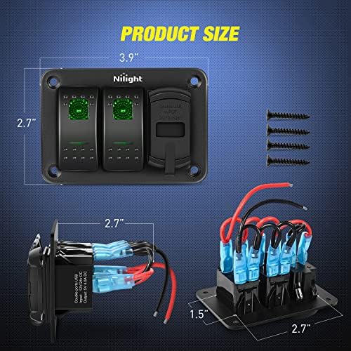 Nilight 2 Gang Rocker Switch Panel with Dual USB Socket Voltmeter