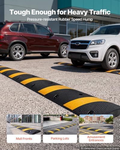 VEVOR 6FT Rubber Driveway Speed Bumps for Road-2PCS, Heavy Duty 2 Channel Modular Traffic Speed Humps, 22000 lbs/Axle Load Capacity, 72'' Cable Protector Ramp with Screws for Asphalt Concrete Gravel