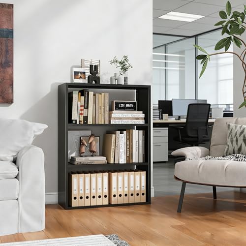 3-Tier Metal Bookshelf, Open Shelf Storage, Includes 4 Corner Bumpers, Space-Saving Vertical Storage for Living Room, Home Office, 35.43" Hx27.56 Wx11.81 D, Black