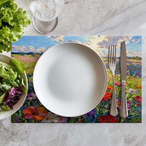 Batmerry Claude Monet Artwork Placemats, Garden Painting Flowers Red Poppies Washable Linen Table Mats for Kitchen Table Double Insulation Decor Dining Set Indoor Outdoor 12X18 in Set of 8