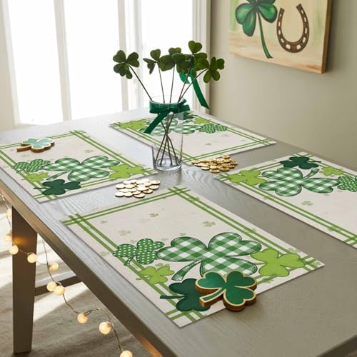 St. Patrick's Day Watercolor Shamrock Clovers Placemats Set of 4, Rustic Green Buffalo Plaid Cotton Linen Table Mats Washable Spring Holidays Decorations For Kitchen Dining Table French Stripes