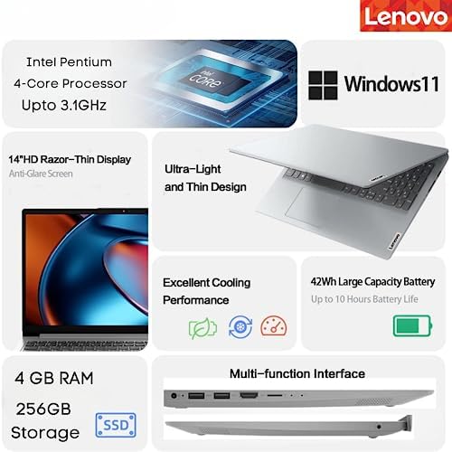 Lenovo Daily Companion IdeaPad 1, 14" HD Display, 4GB RAM, 256GB PCIe SSD, Intel Pentium Quad-core Upto 3.1GHz, Office 365 1 Year Included, HDMI, MicroSD Card Reader, Win11S with Bundle Accessories