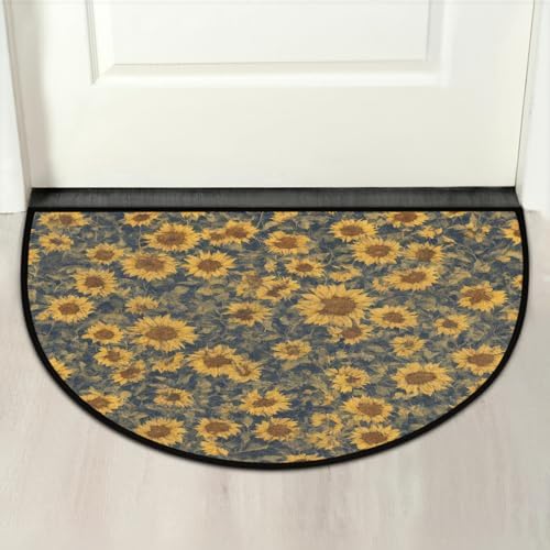 Sunflower Retro Flower Half Round Door Mat Non Slip Washable Semi Circle Area Rug Absorbent Soft Half Moon Rug Floor Mat for Indoor Outdoor Kitchen Bathroom Patio Front Door Mat Decor