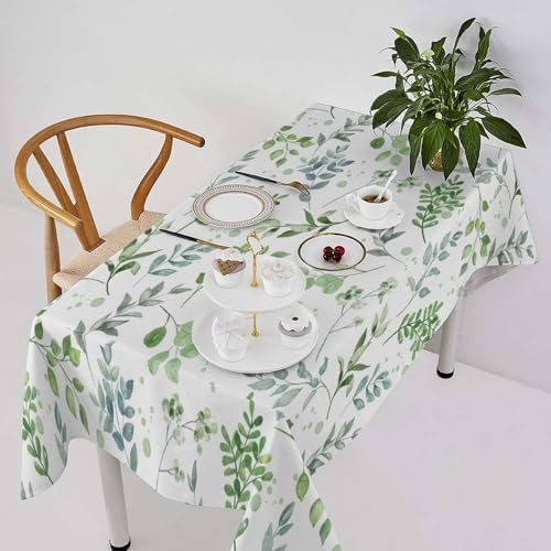 Sage Leaves Tablecloth, Watercolor Spring Floral Green Eucalyptus Leaf Print Table Cover for Farmhouse Kitchen Dinning Indoor Outdoor Party Decor 60x120in