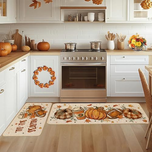Baccessor Fall Kitchen Rugs Set of 2, Football Pumpkin Spice Latte Kitchen Mats for Floor Washable Low-Profile Farmhouse Autumn Holiday Home Indoor Outdoor Decor 17x29 and 17x47 Inch