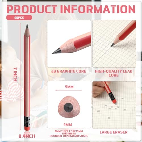 Seajan 96 Pcs 2b Jumbo Pencils, Big, Fat, Thick, Triangular Grip 7 Inch Large Pencils Refill with Eraser for Beginners Office Christmas Gifts(Red)
