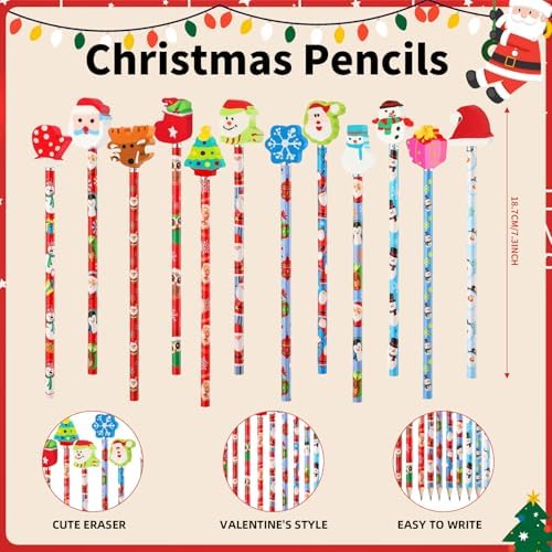 Christmas Pencils with Giant Eraser Assortment Christmas Themed Pencil Wooden Pencils for Christmas Party Supplies Xmas Stocking Stuffers, 12 Style (12)