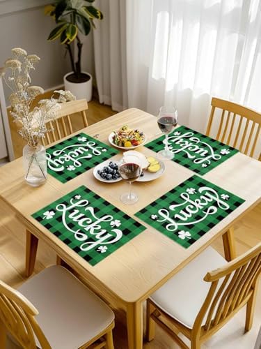 St. Patrick's Day Buffalo Plaid Placemats Set of 6, Lucky Shamrocks Clover Heat Resistant Washable Dining Table Mats Rustic Green Black Farmhouse Decor for Kitchen&Table Linens Outdoor Indoor