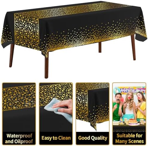 CXPSINC 54 Inch X 100 Feet Plastic Table Cover Roll Disposable Tablecloth with Slide Cutter for All Type/Shape Tables | Party, Banquet, Birthdays, Weddings(Black Golden Dot, 100 Feet)