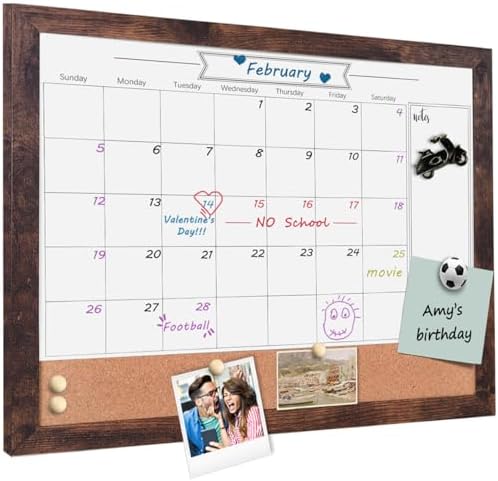 Dry Erase Calendar Whiteboard for Wall, Small Combination Magnetic Dry Erase White Board & Bulletin Board, 13" x 17" Walnut Brown Frame Calendar/Cork Combo Board(WB-3343)