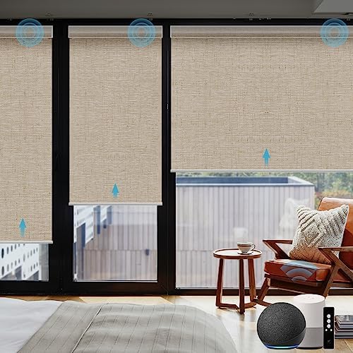 SmartWings Motorized Smart Roller Shades, 100% Blackout Linen Caramel