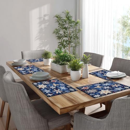 Batmerry Christmas New Year Linen Placemats Set of 6, Snow red Fruit Blue Background Washable Table Mats for Kitchen Table Thickened Heat Insulation Dining Set Indoor Outdoor 12X18 in