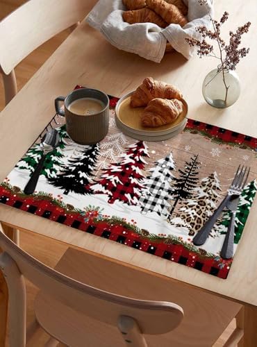 Christmas Tree Placemats Set of 4, Cotton Linen Vintage Wood Grain Table Mats Non-Slip Washable Different Xmas Trees Red Black Buffalo Plaid Placemat for Xmas Dining Kitchen Table Decor