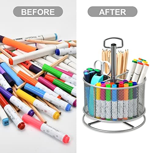 Marbrasse Mesh Desk Organizer, 360-Degree Rotating Multi-Functional Pen Holder, 4 Compartments Desktop Stationary Organizer, Home Office Art Supply Storage Box Caddy (silver)