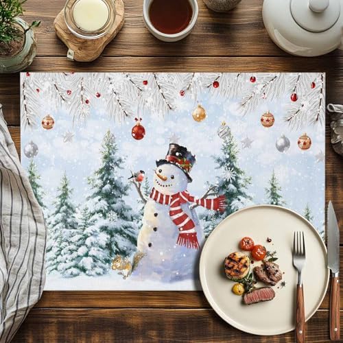 Snowman Placemats Set of 4, Blue Merry Christmas Tree Red Balls Squirrel Heat Resistant Washable Table Place Mats Winter Cotton Table Linens Party Holiday Decor for Kitchen Dining Outdoor Indoor
