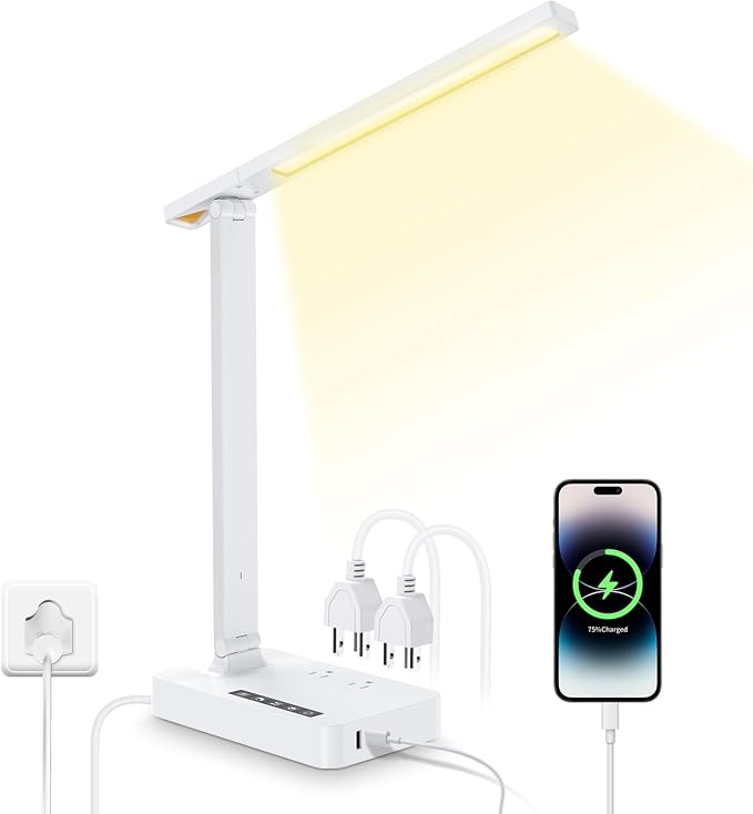 Desk Lamp with USB Charging Port: Power Strip with Surge Protection - 1 Type-C, 1 USB-A Charging Port, 2 AC Power Outlets, Desk Lamps for Home Office College Dorm Room Essentials