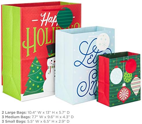 Hallmark Holiday Gift Bag Assortment (8 Gift Bags: 3 Small 6", 3 Medium 9", 2 Large 13") Red, Green and Blue Ornaments, Let It Snow, Happy Holidays with Snowman and Christmas Trees (Pack of 2)