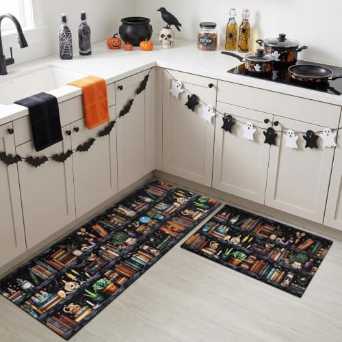 Witches Bookshelf Halloween Kitchen Rugs and Mats Set of 2, (17"x47"+17"x30") Gothic Cute Spooky Season Skulls Black Cat Potions Non Skid Washable Runner Rug for Home Decor Decorations and Accessories